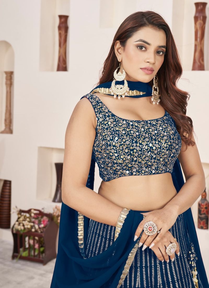 Exquisite embroidered georgette lehenga choli in dark blue