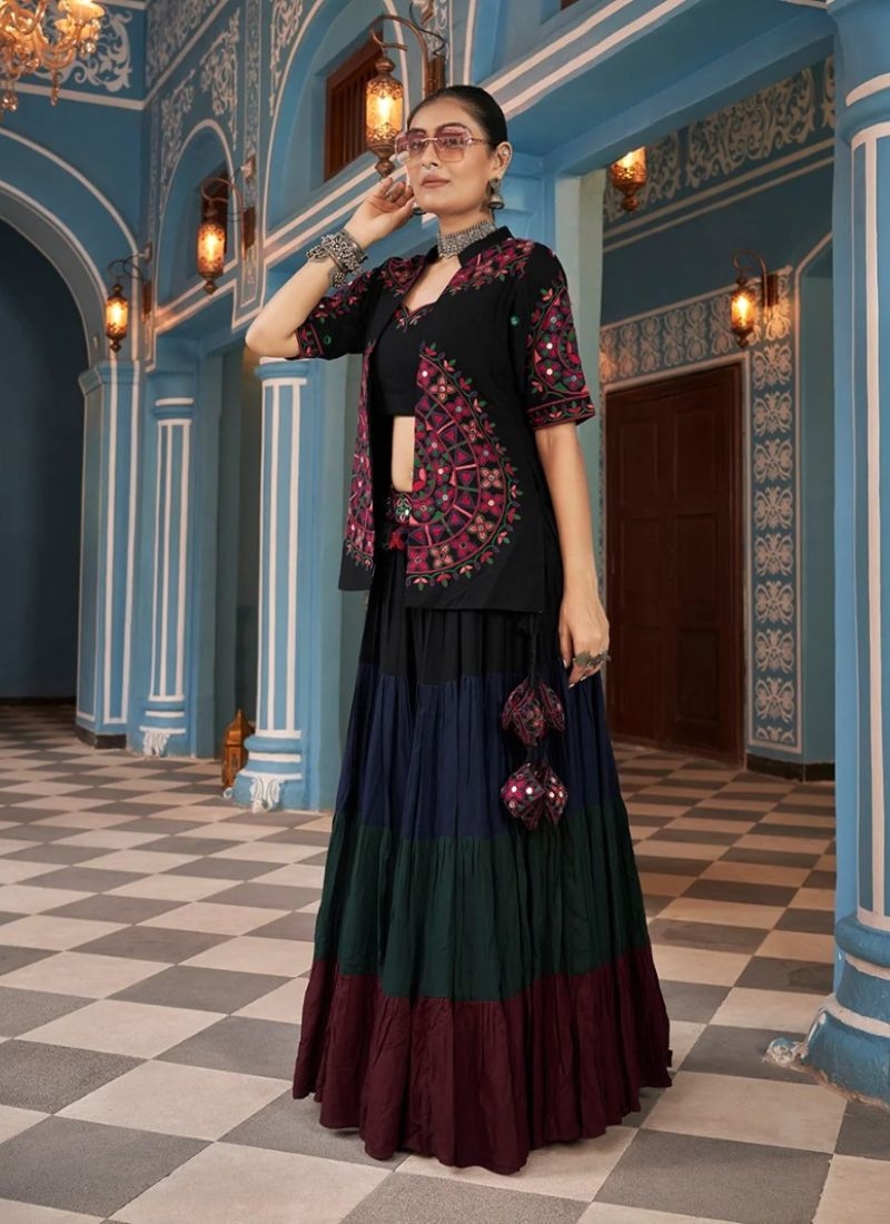 Stunning embroidered rayon lehenga choli with waist belt in black