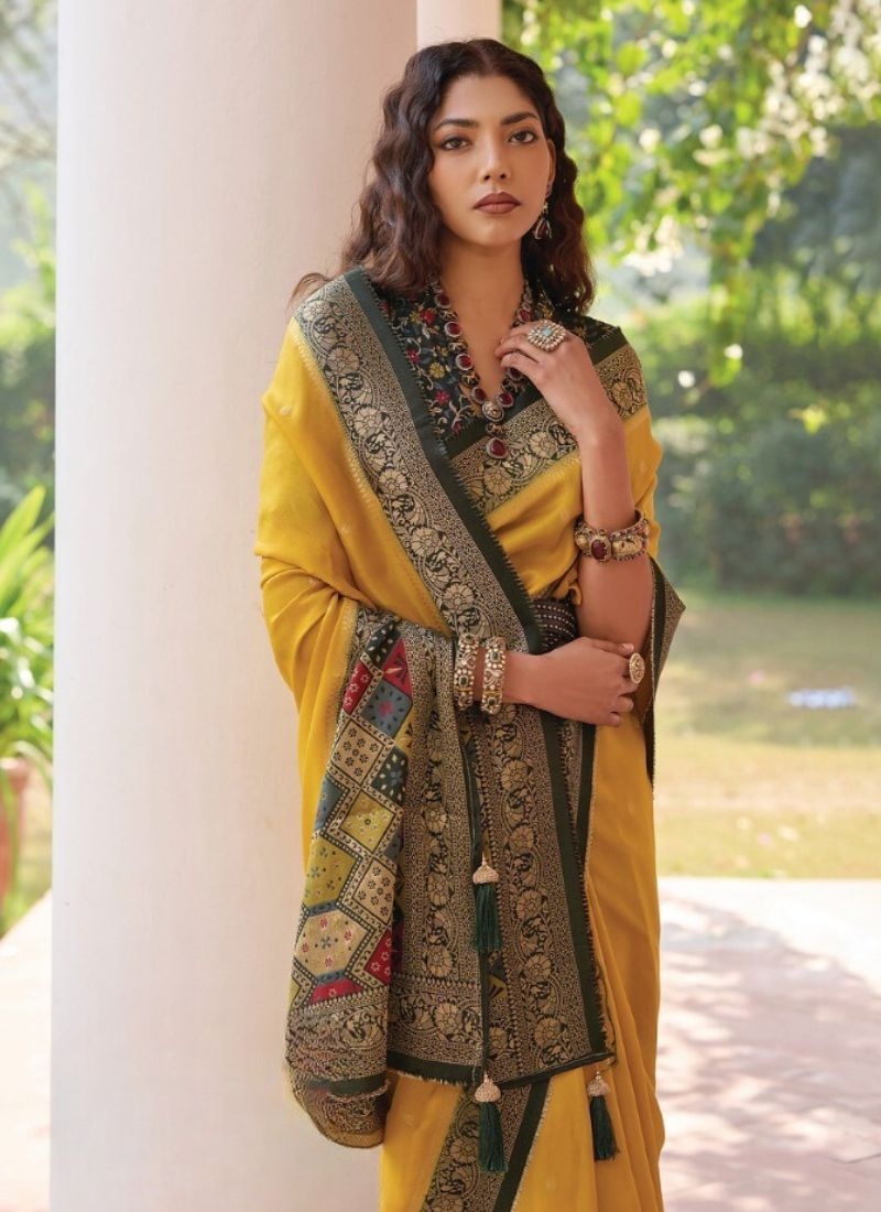 Designer embroidered viscose saree in yellow