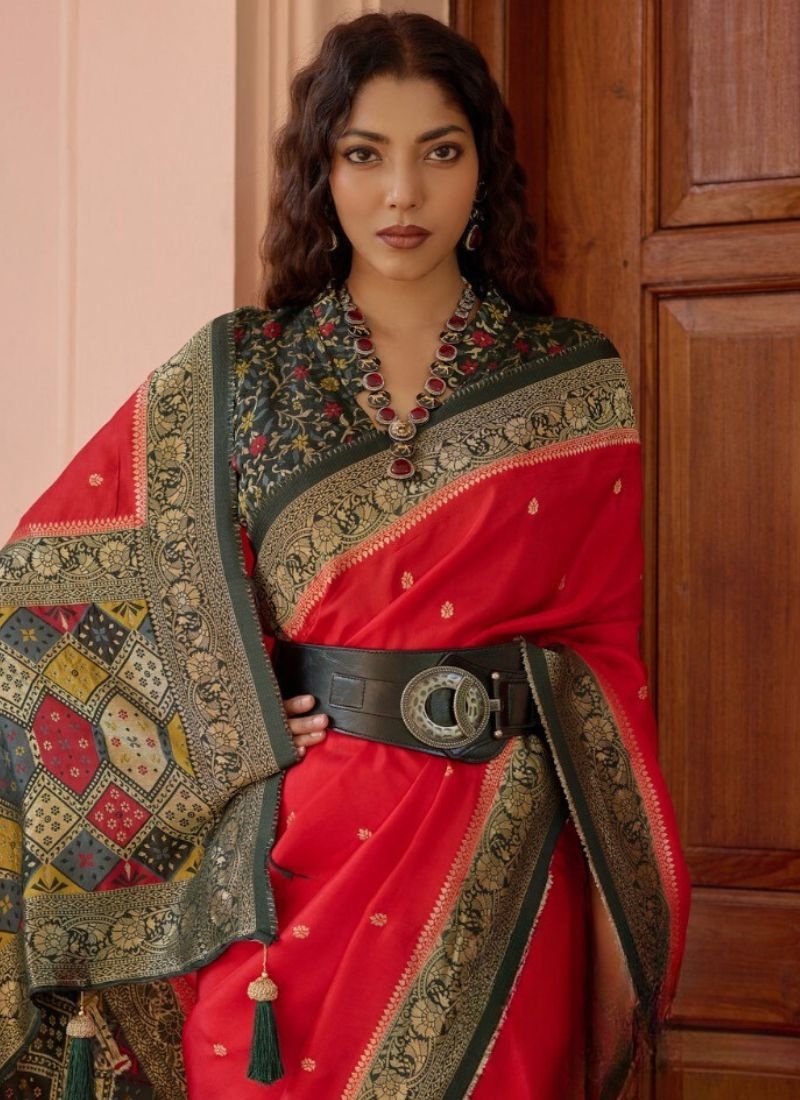 Designer zari embroidered viscose saree in red