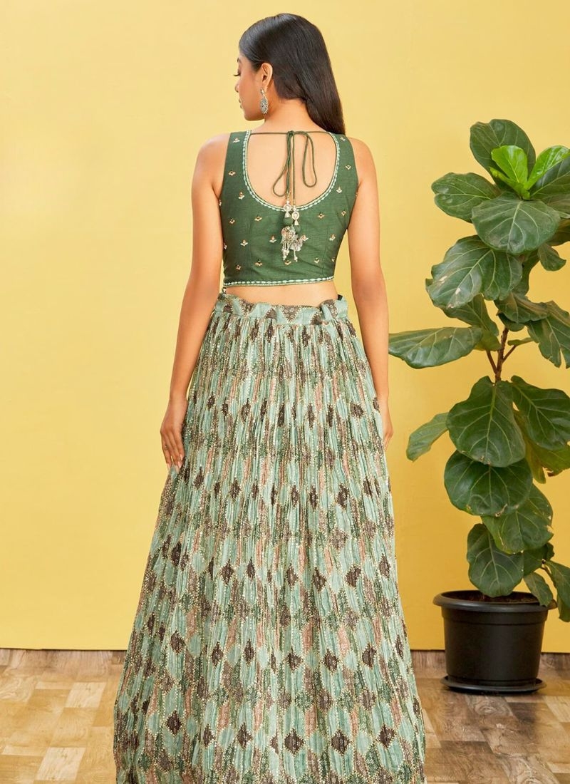 Designer printing work pure georgette lehenga choli in dark green