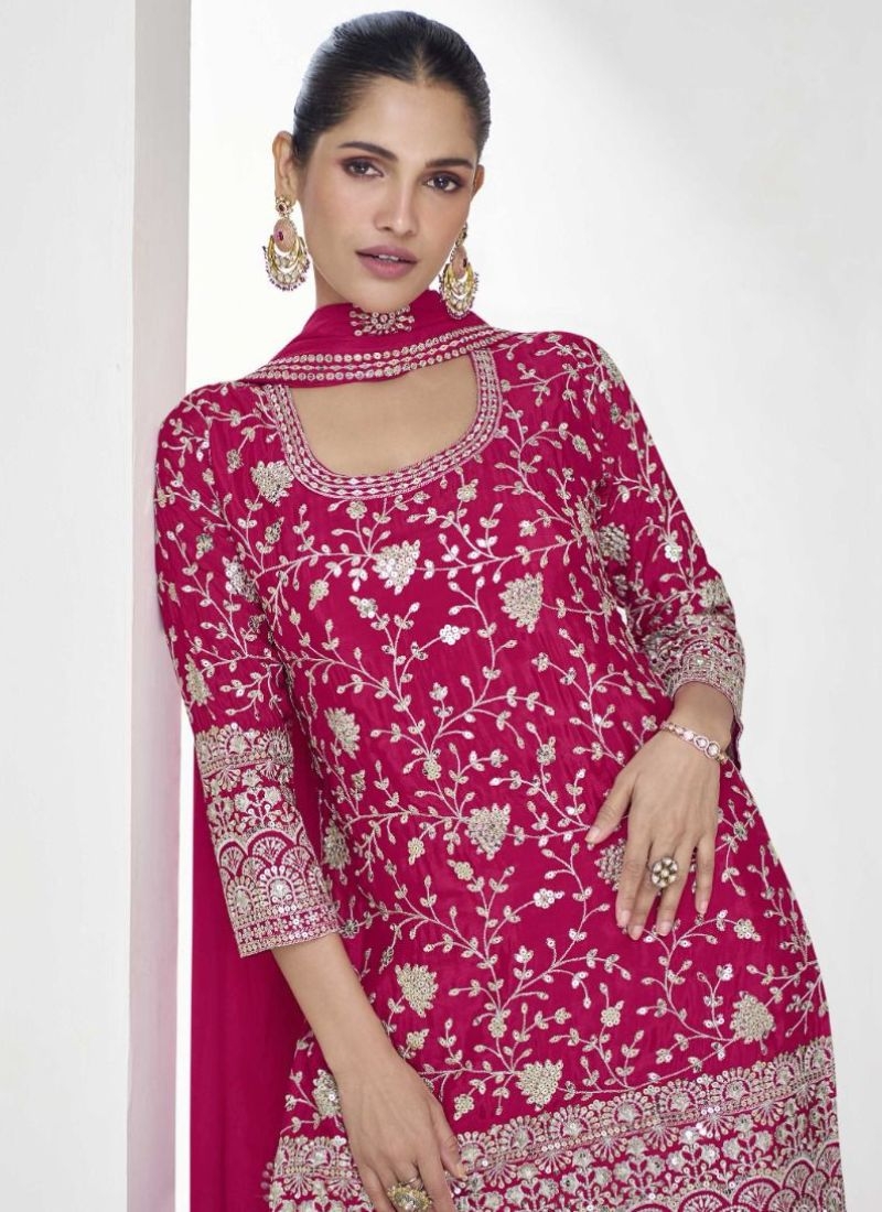 Exquisite pearl embroidered Chinon palazzo suit in pink