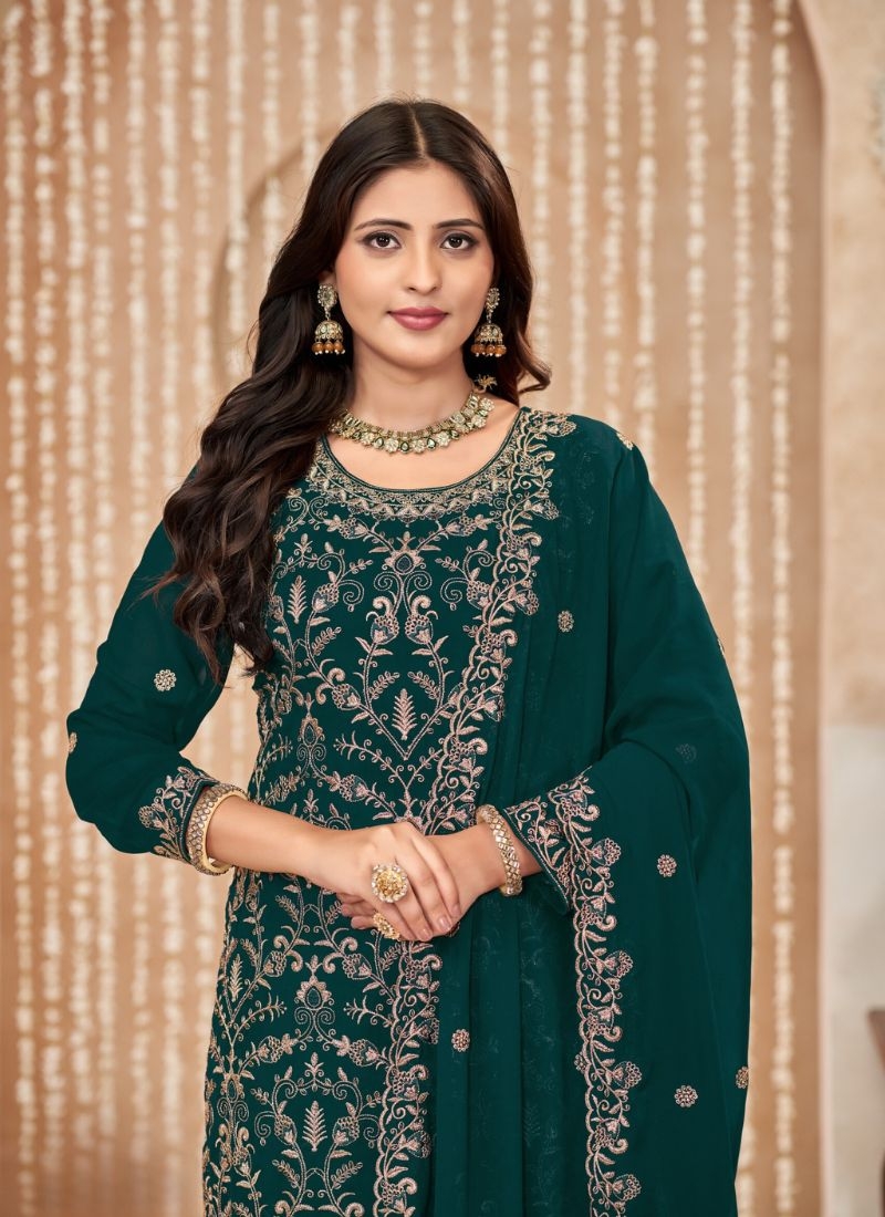 Designer sequence embroidered faux georgette kurta pantsuit in dark green