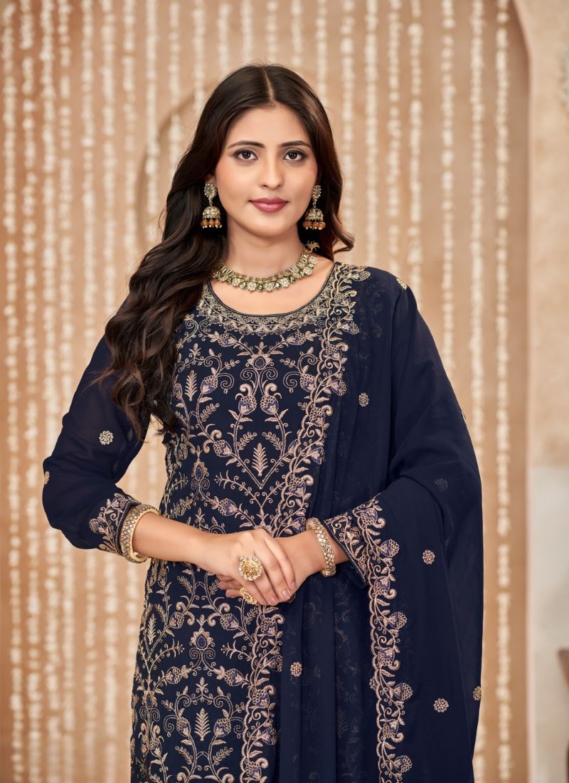 Designer sequence embroidered faux georgette kurta pantsuit in dark blue