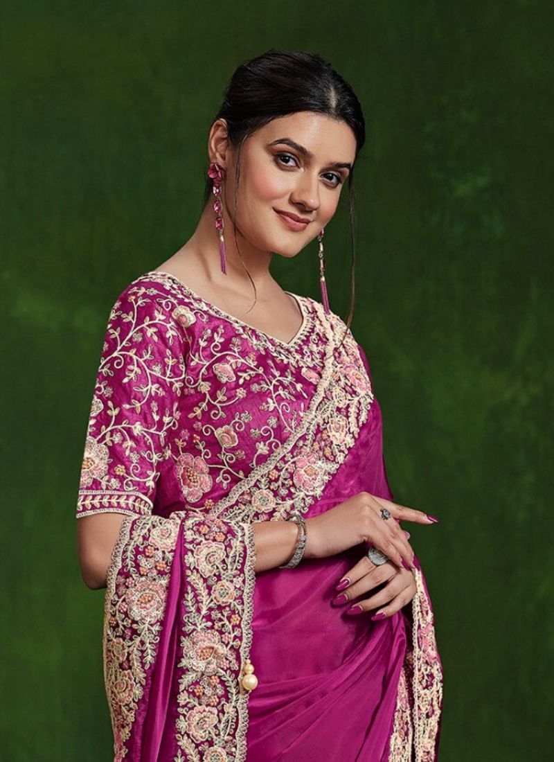 Exquisite handwork embroidered satin silk saree in purple