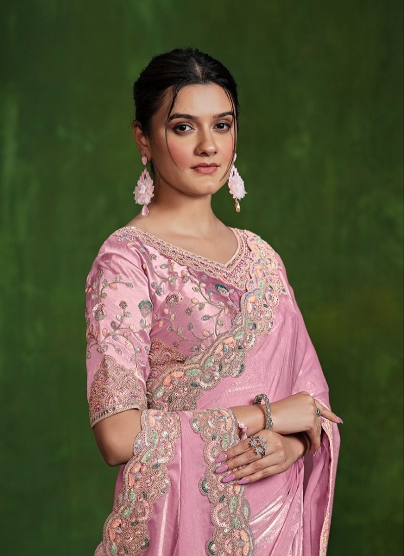 Exquisite handwork embroidered satin silk saree in light pink