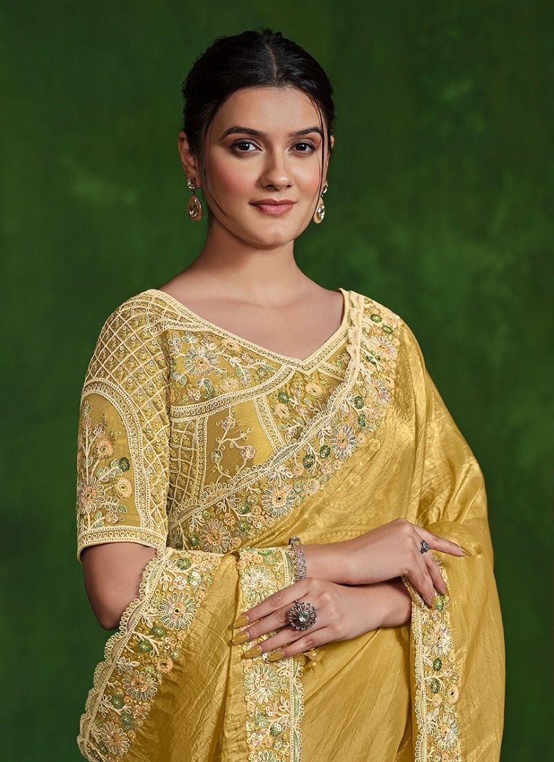 Exquisite handwork embroidered satin silk saree in yellow