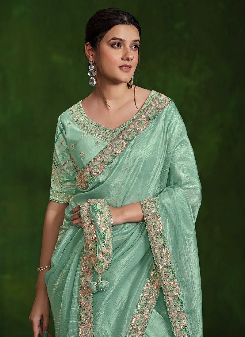 Exquisite handwork embroidered satin silk saree in sky blue