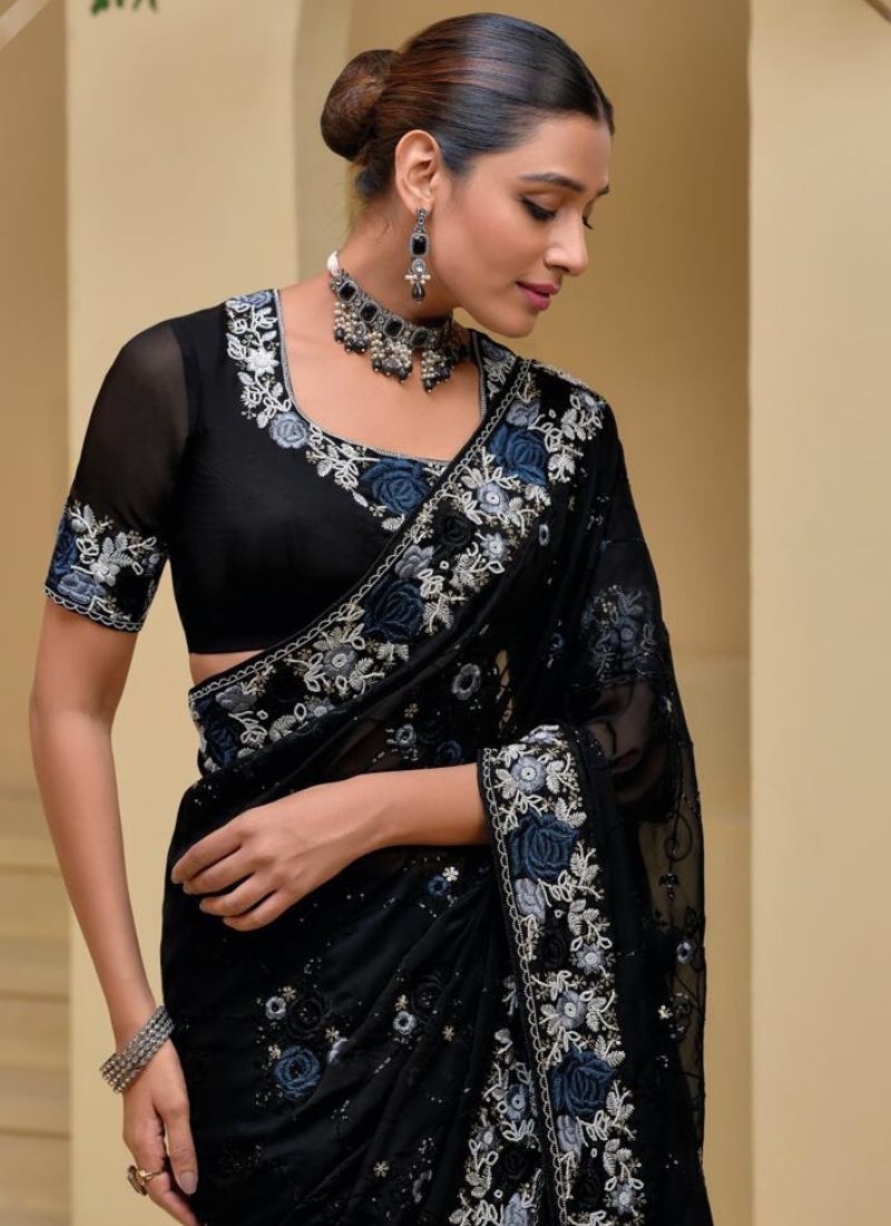 Stunning Heavy embroidered pure silk saree in black