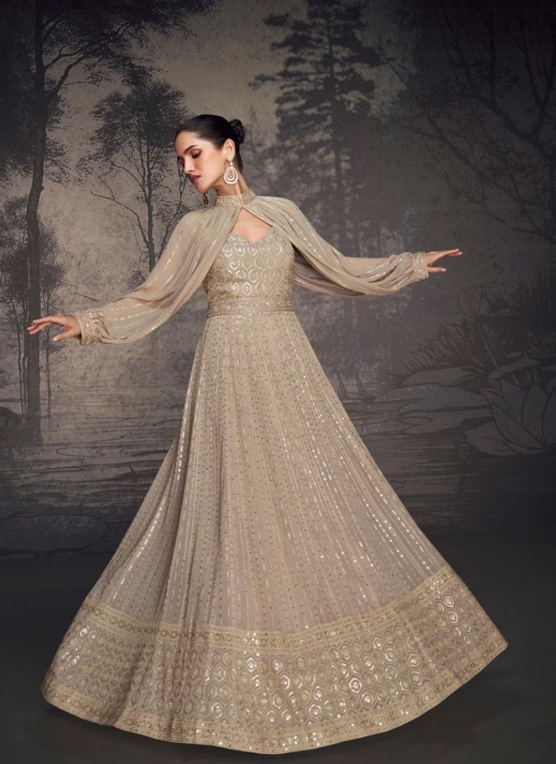 Designer embroidered real georgette Gown in beige