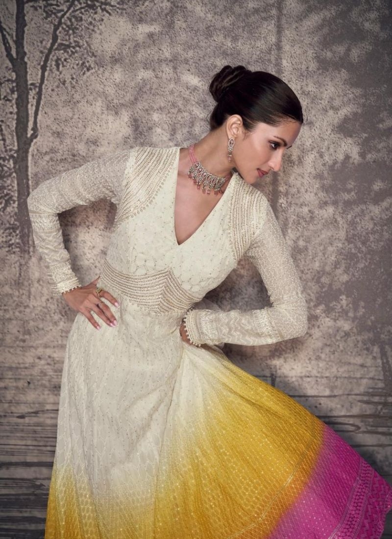 Designer embroidered real georgette Gown in white