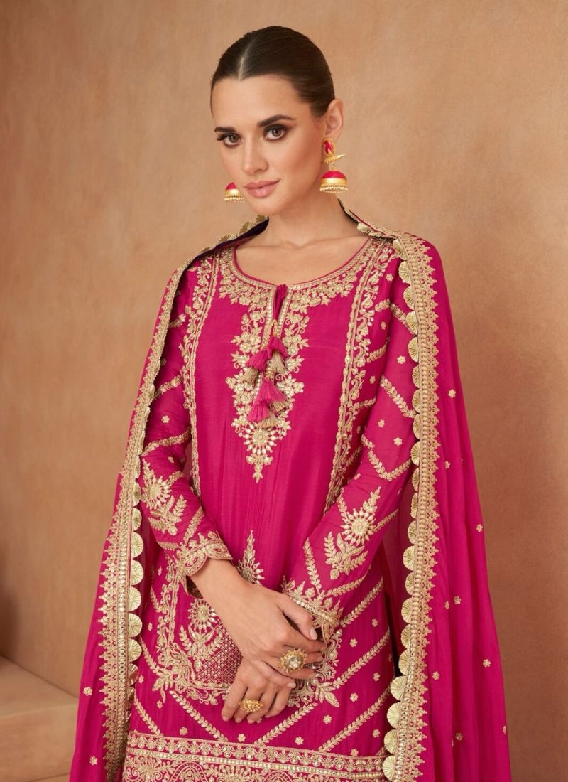 Beautiful floral embroidered real Chinon palazzo suit in pink