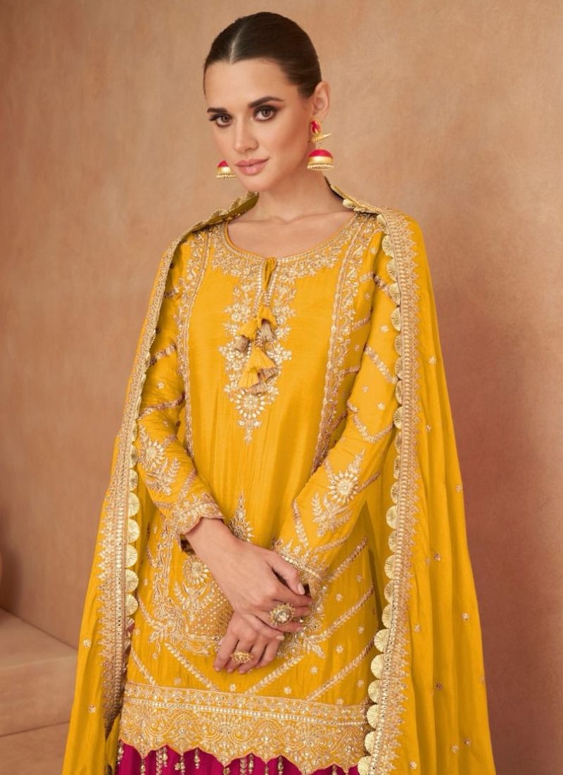 Beautiful floral embroidered real Chinon palazzo suit in yellow