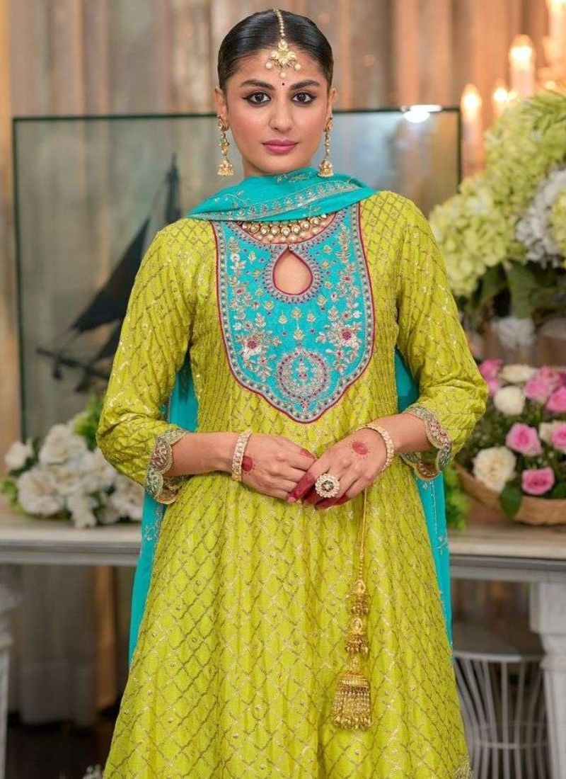 Stunning embroidered Chinon salwar suit in light green