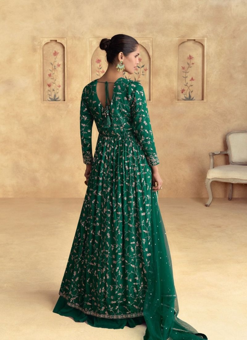 Designer heavy embroidered real chinon silk Anarkali suit in dark green