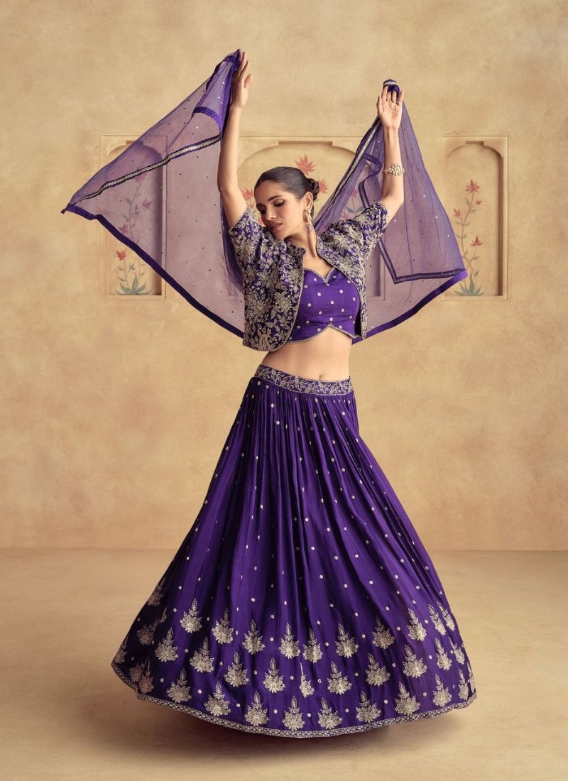 Designer heavy embroidered real georgette lehenga in purple