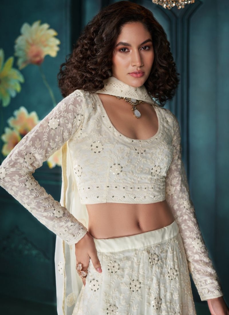 Gorgeous pearl embroidered organza net lehenga in cream