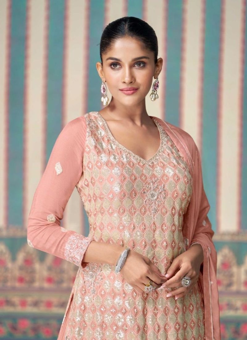 Designer heavy embroidered chinon silk sharara suit in nude pink