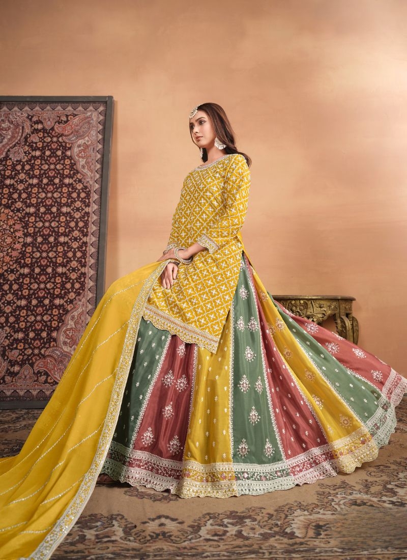 Beautiful heavy embroidered Chinon sharara suit in yellow