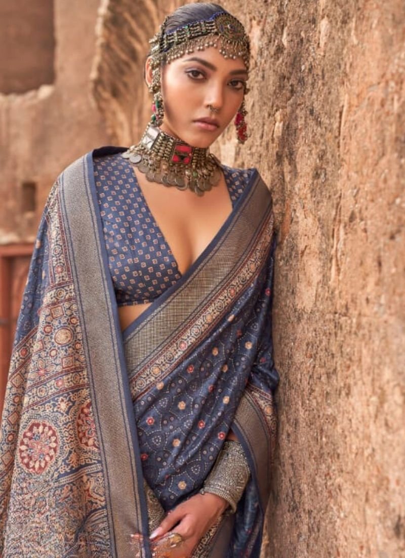 Exquisite printed viscose silk saree in royal blue