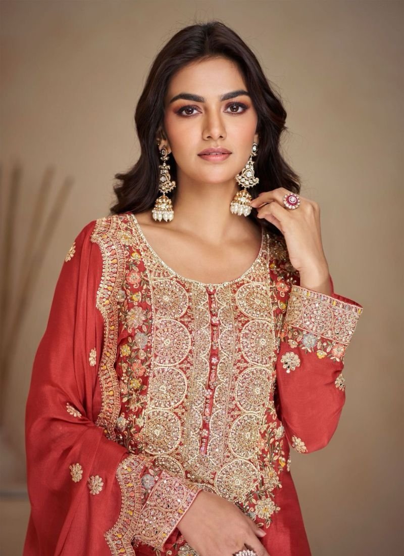 Beautiful heavy embroidered real Chinon palazzo suit in orange