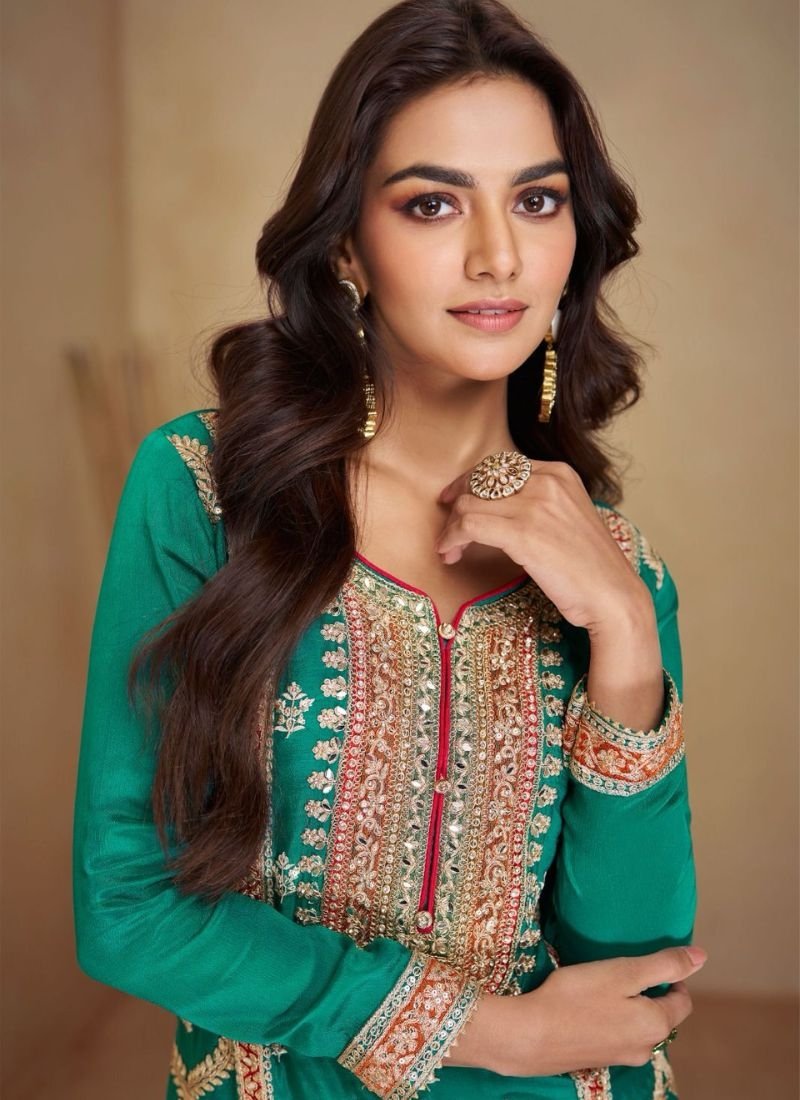 Beautiful heavy embroidered real Chinon palazzo suit in green