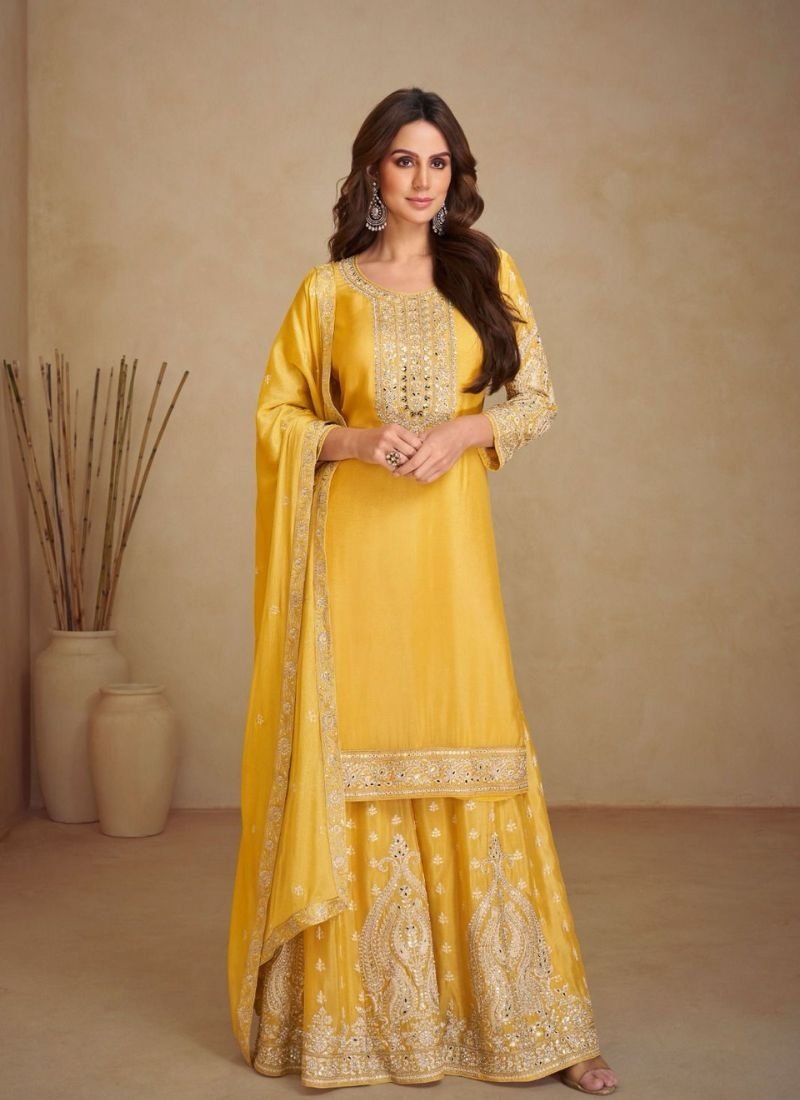 Beautiful heavy embroidered real Chinon palazzo suit in yellow