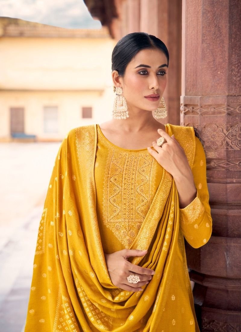 Stylish jacquard printed viscose kurta pant suit in yellow