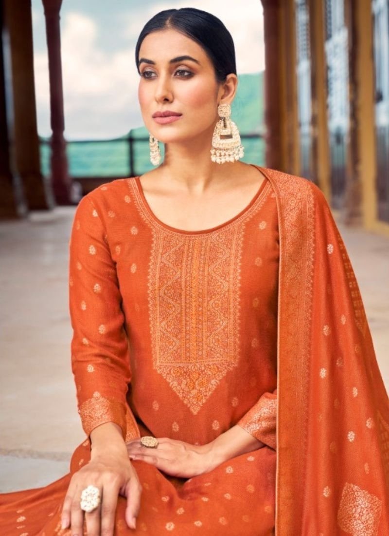 Stylish jacquard printed viscose kurta pant suit in orange