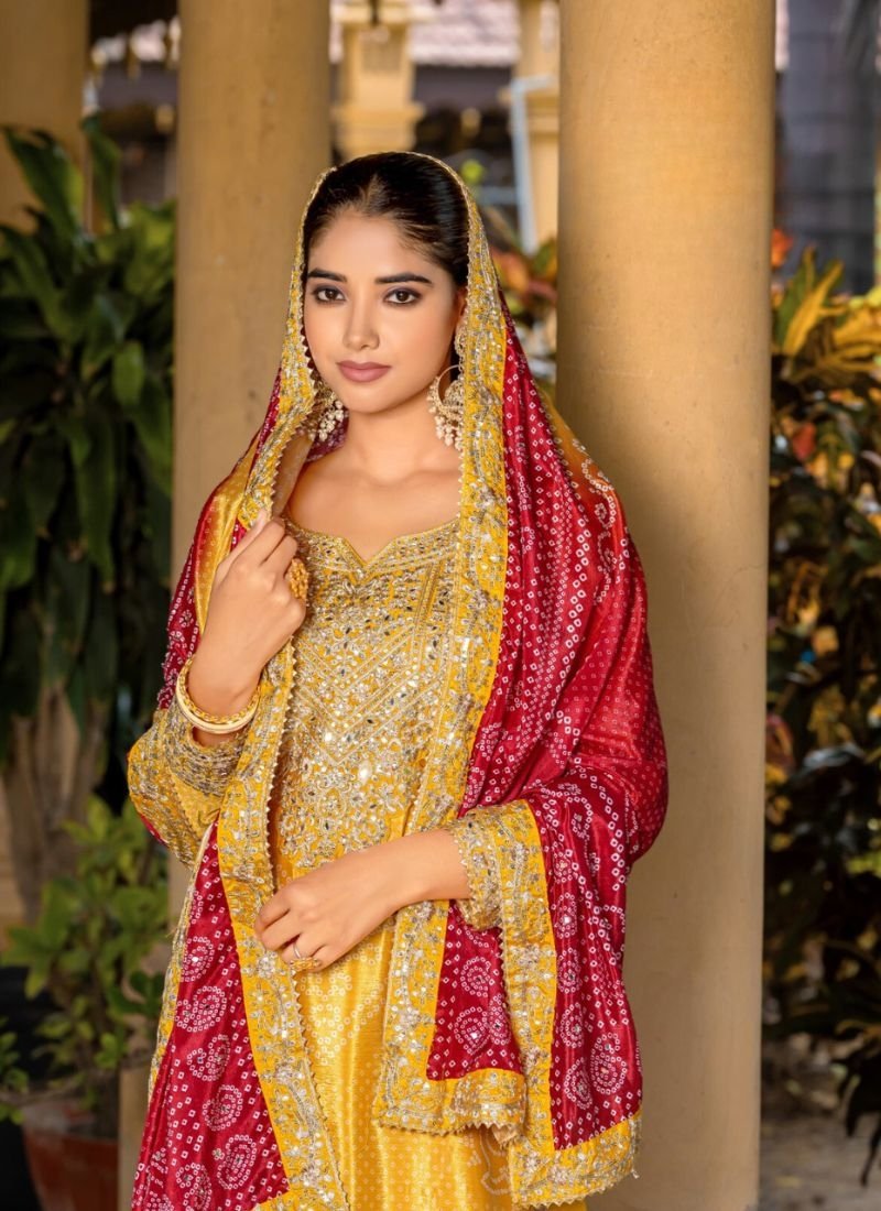 Gorgeous digital printed real Chinon palazzo suit in yellow