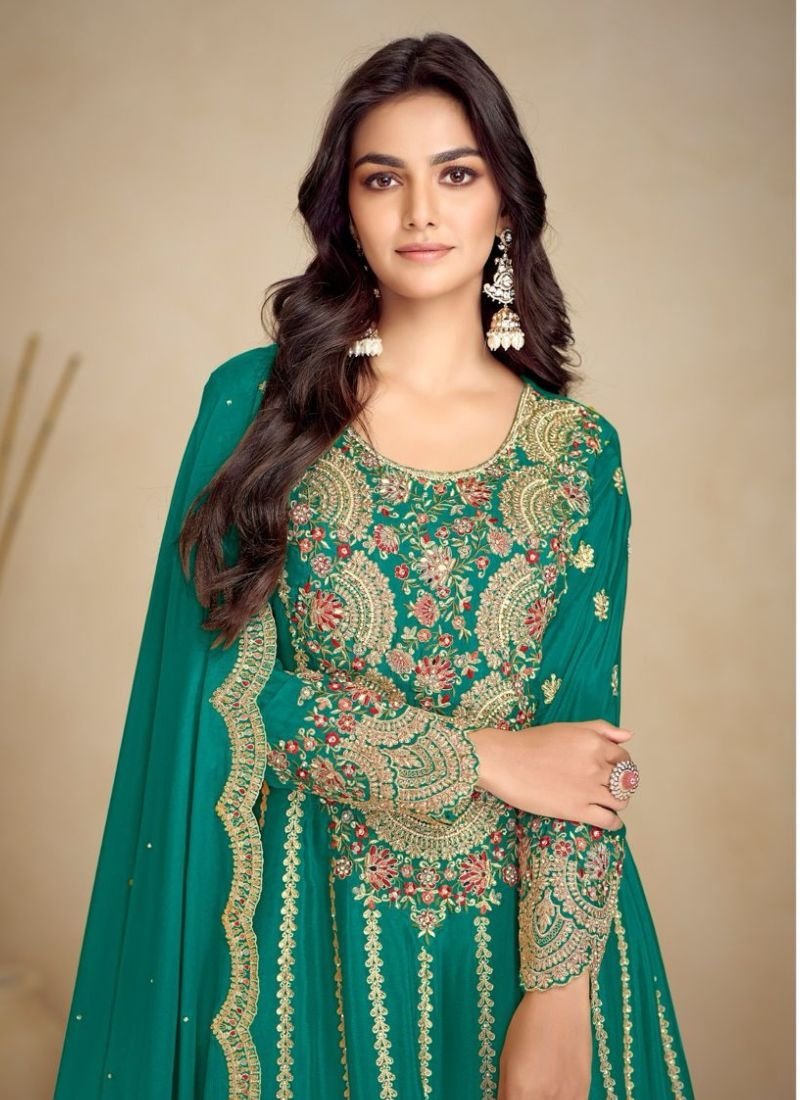 Beautiful embroidered Chinon sharara suit in dark green