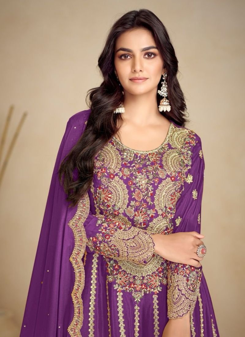 Beautiful embroidered Chinon sharara suit in purple