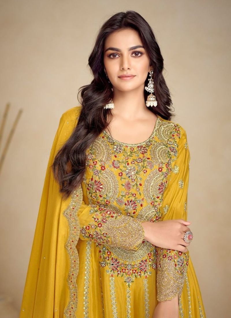 Beautiful embroidered real Chinon sharara suit in yellow