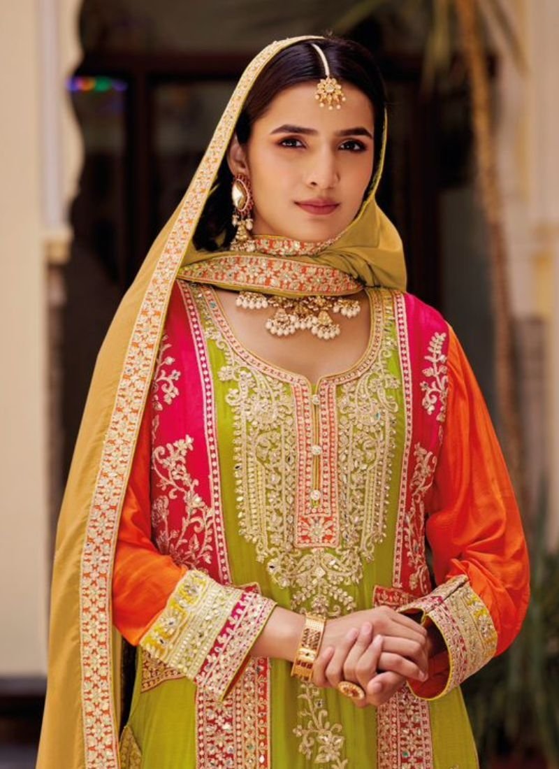 Stunning heavy embroidery Chinon palazzo suit in yellow