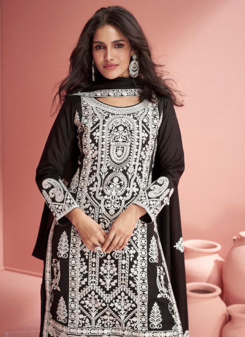 Beautiful embroidery silk palazzo suit in black