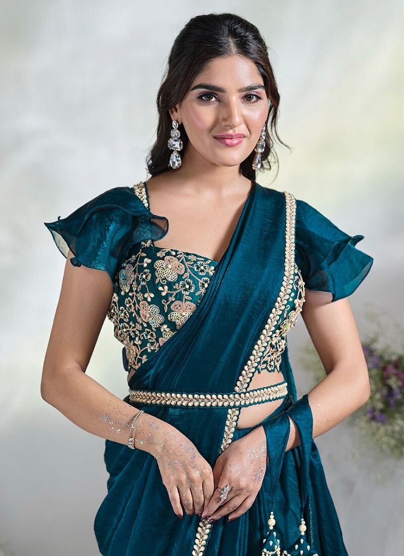 Designer thread and stone embroidered silk saree in royal blue