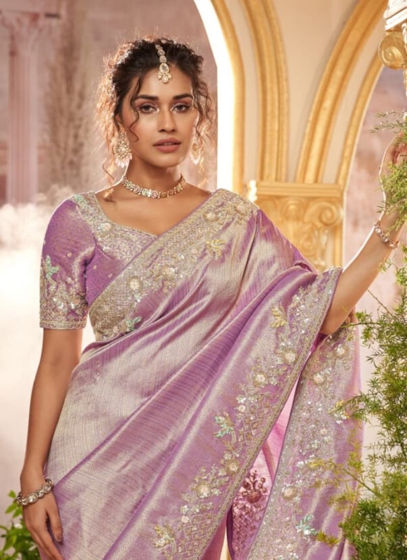 Beautiful embroidered organza silk saree in pink