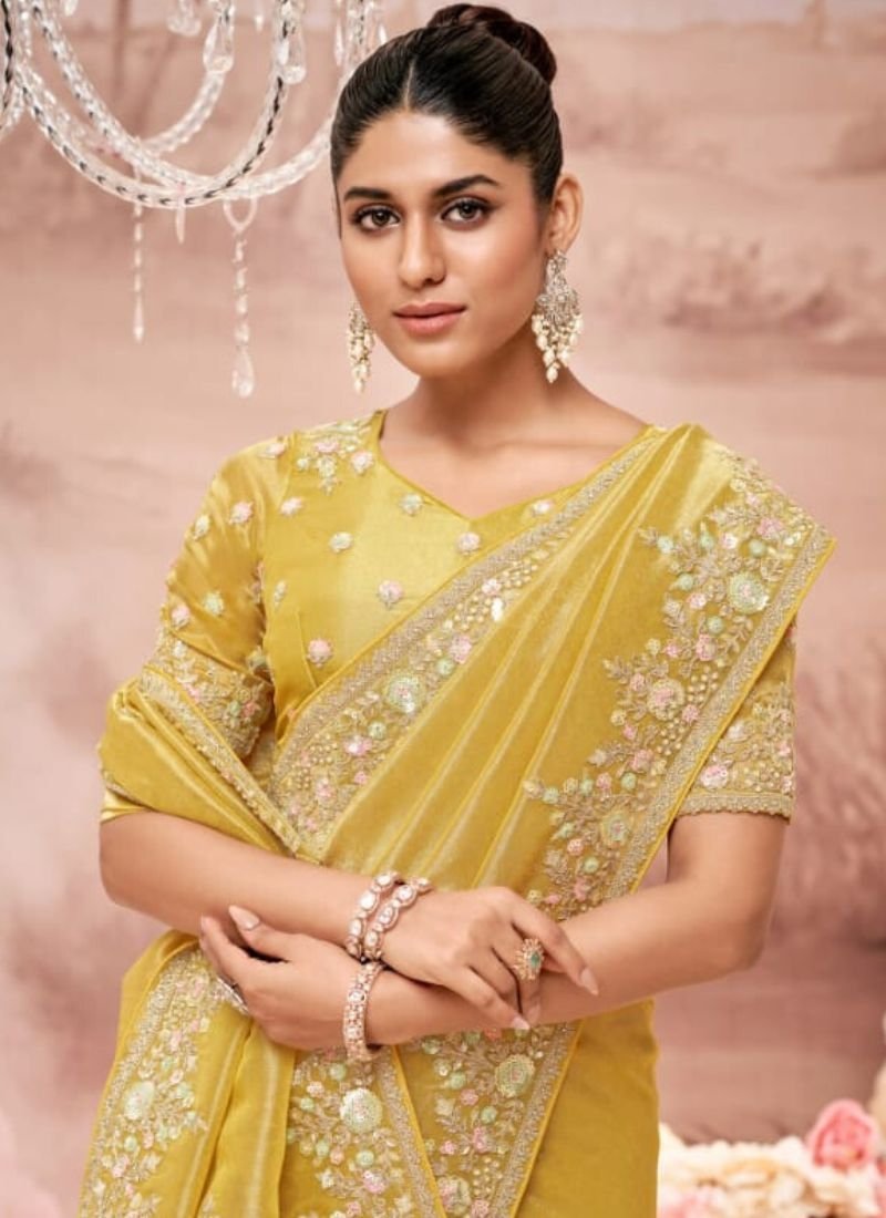 Beautiful embroidered organza silk saree in yellow