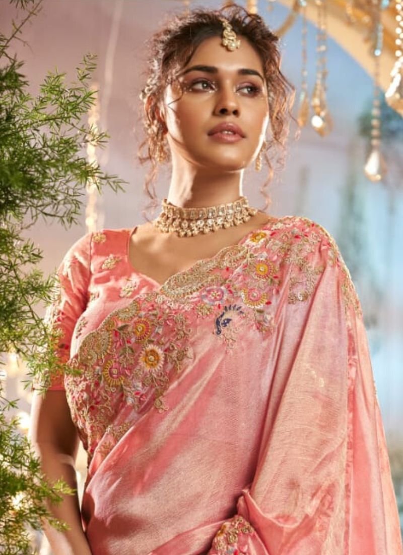 Beautiful embroidered organza silk saree in baby pink