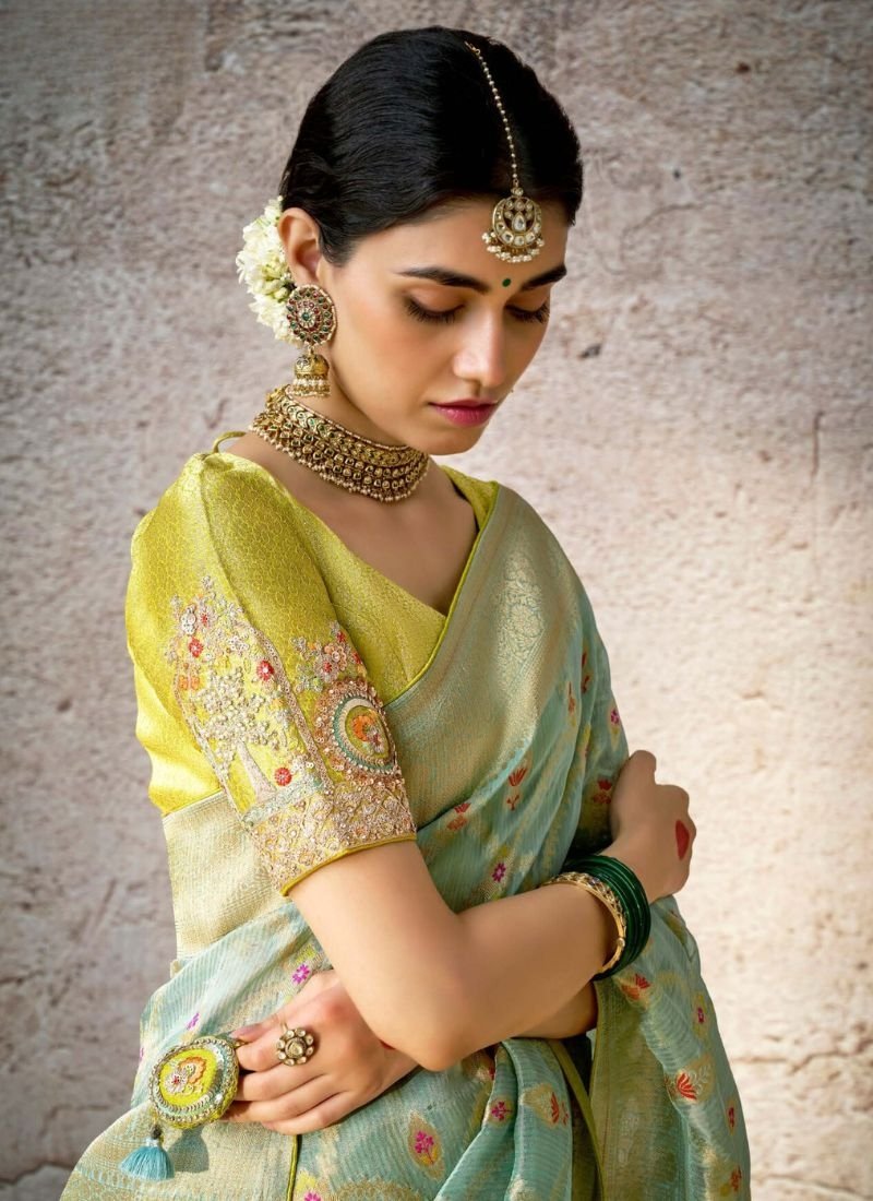 Stunning embroidered banarasi silk saree in green