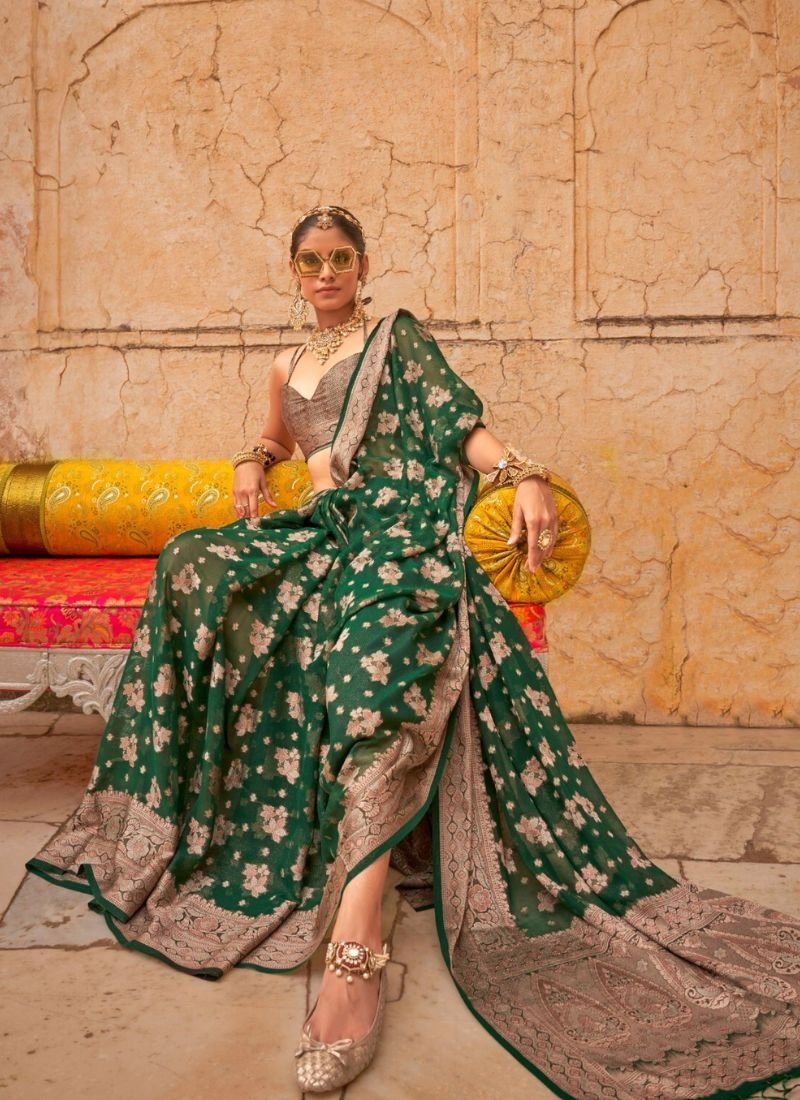 Beautiful hand weaved georgette saree in dark green