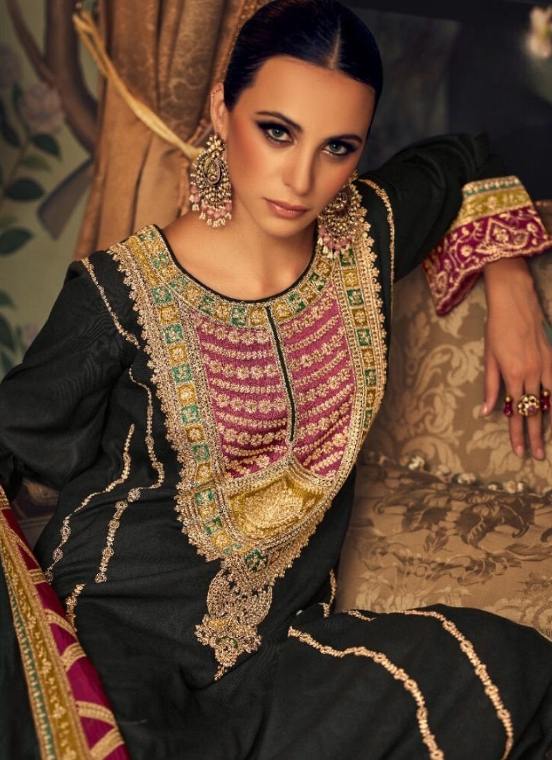 Designer embroidered pashmina palazzo suit in black