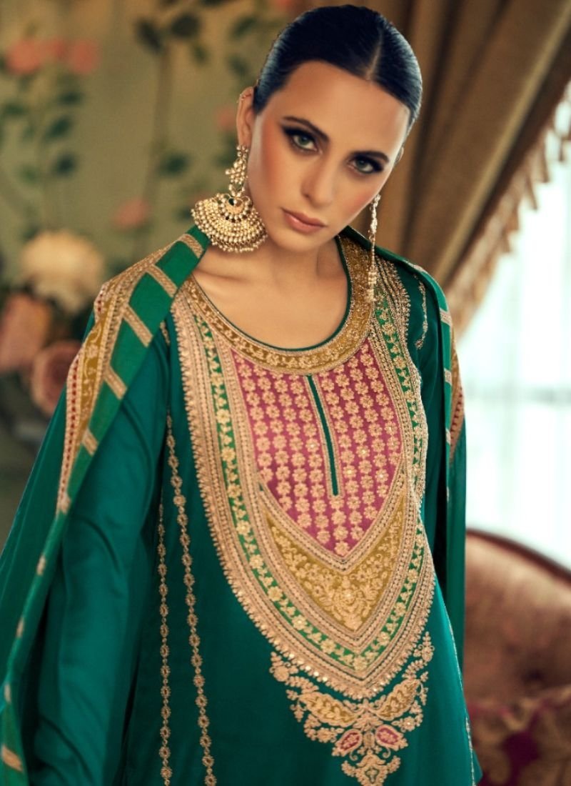 Designer embroidered pashmina palazzo suit in dark green