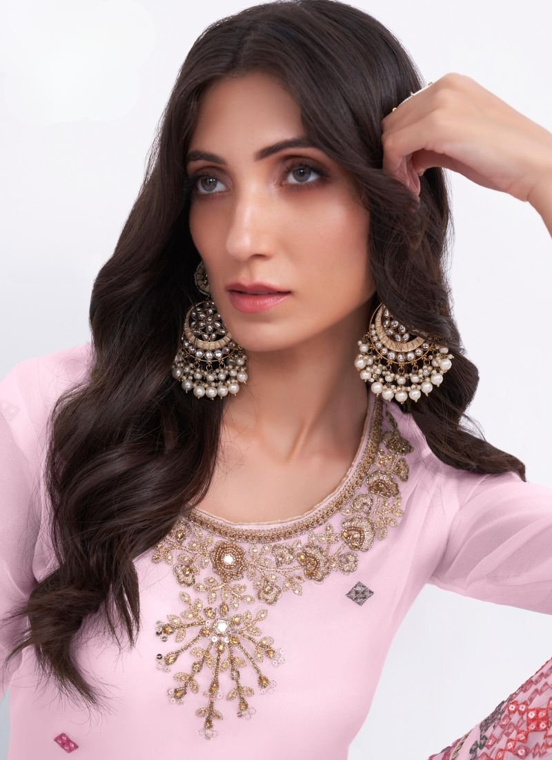 Heavy embroidered georgette sharara suit in pink