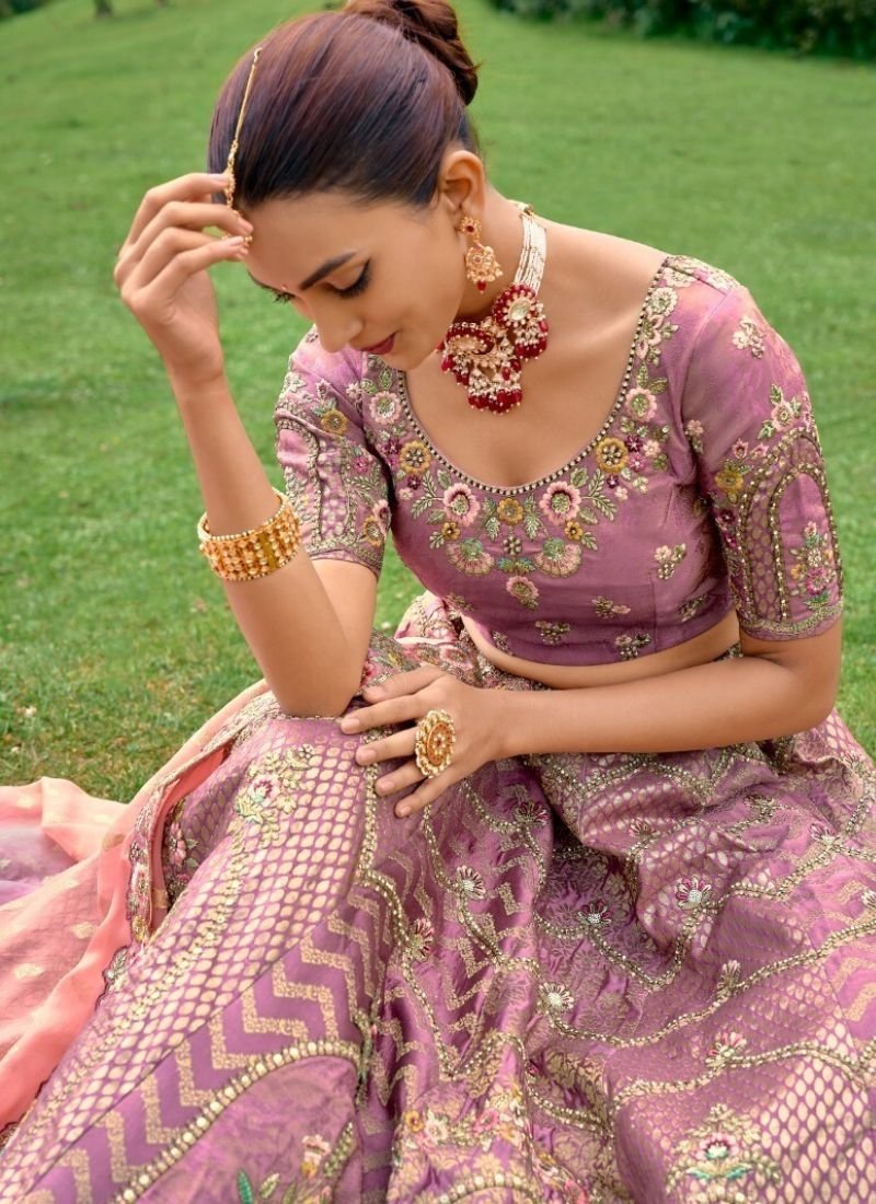 Stunning jacquard embroidered silk lehenga in purple