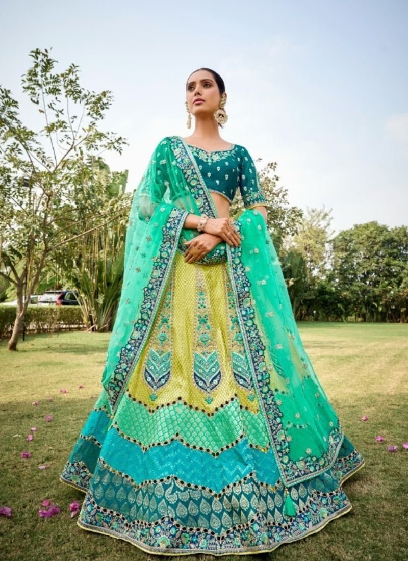 Stunning jacquard embroidered silk lehenga in green