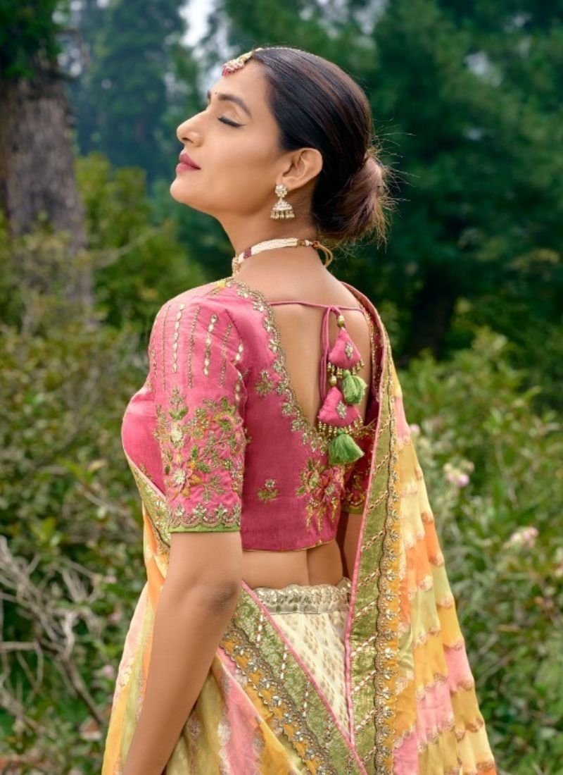 Stunning jacquard embroidered silk lehenga in yellow