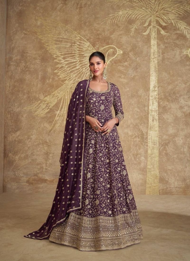 Designer heavy embroidered georgette anarkali suit in dark purple