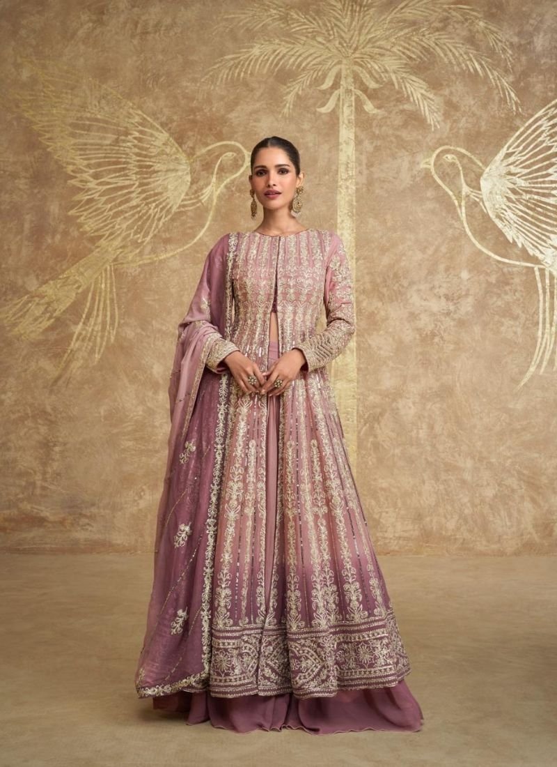 Stunning heavy embroidered georgette anarkali suit in pink