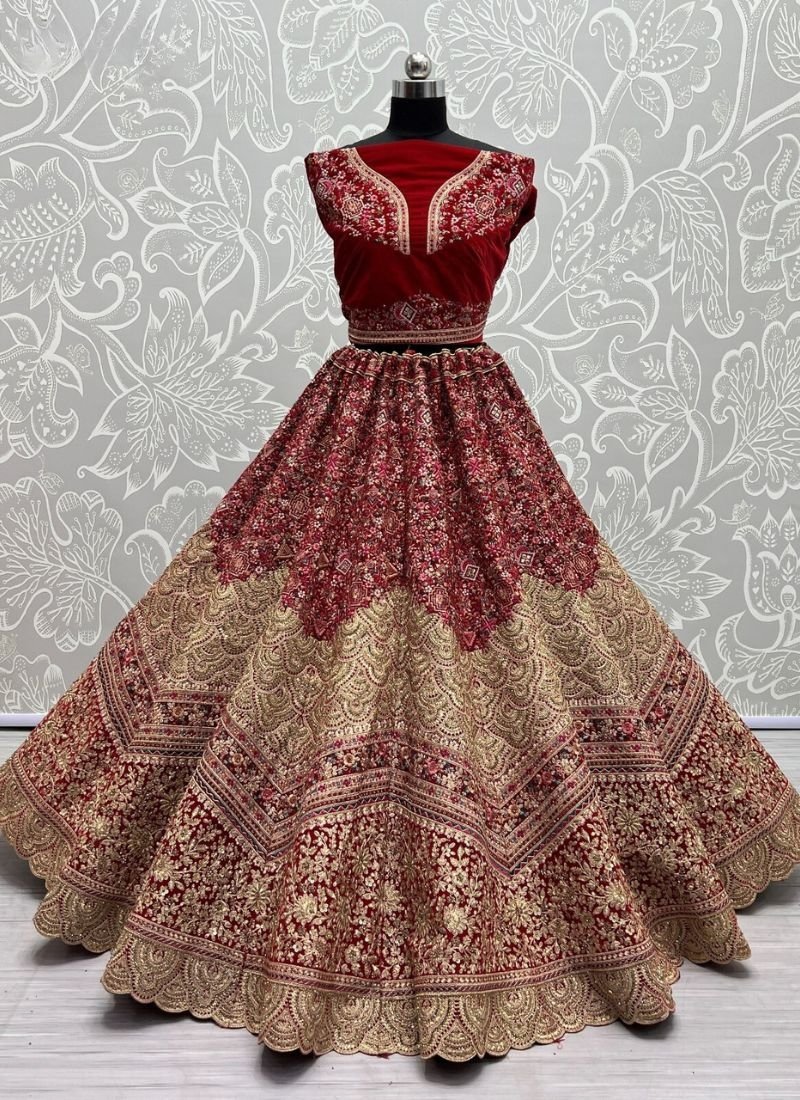 Elegant multi-thread embroidered silk lehenga in red